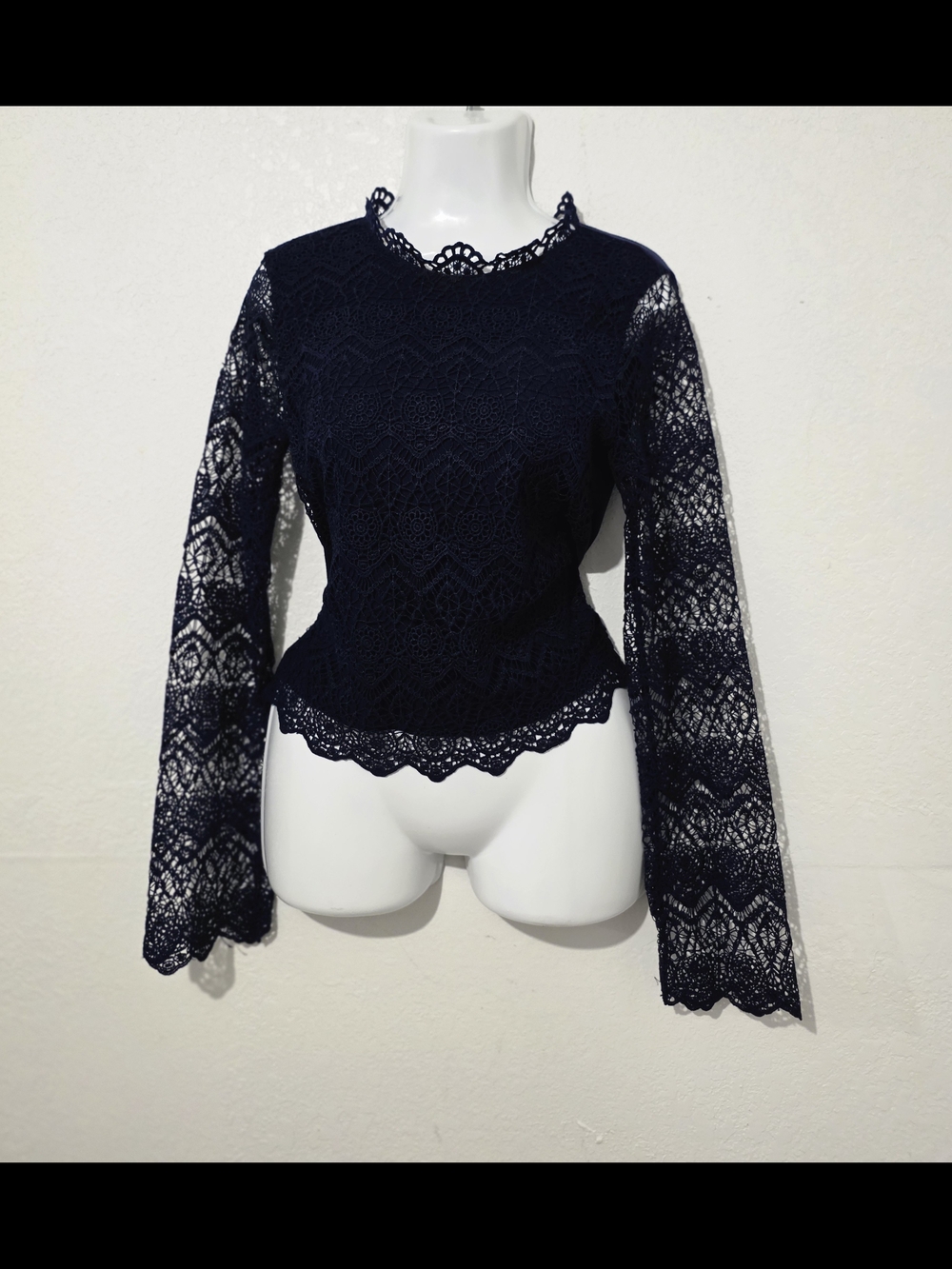 Miss Chievous Navy Lace Peplum Long-Sleeve Top Size-Medium